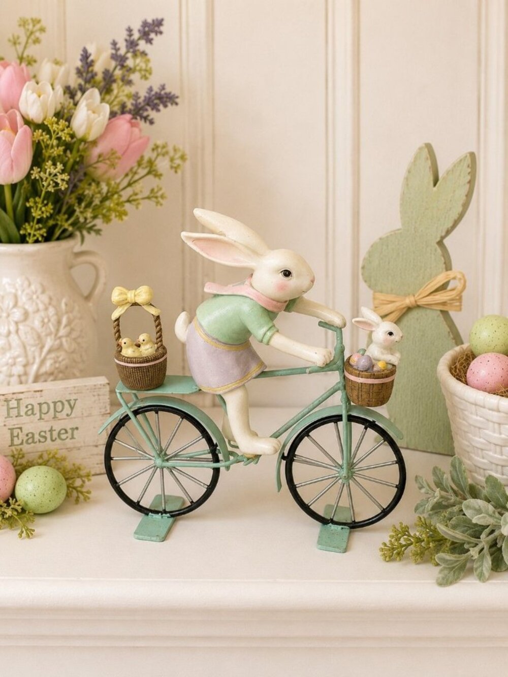 FAO Schwarz Easter Bunny on Bicycle Figurine Chicks Eggs Resin Metal Decor 8"